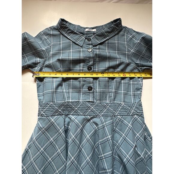 eShakti Blue Plaid 1940's 1950's Collared Neckline Fit & Flair Dress - Picture 12 of 14